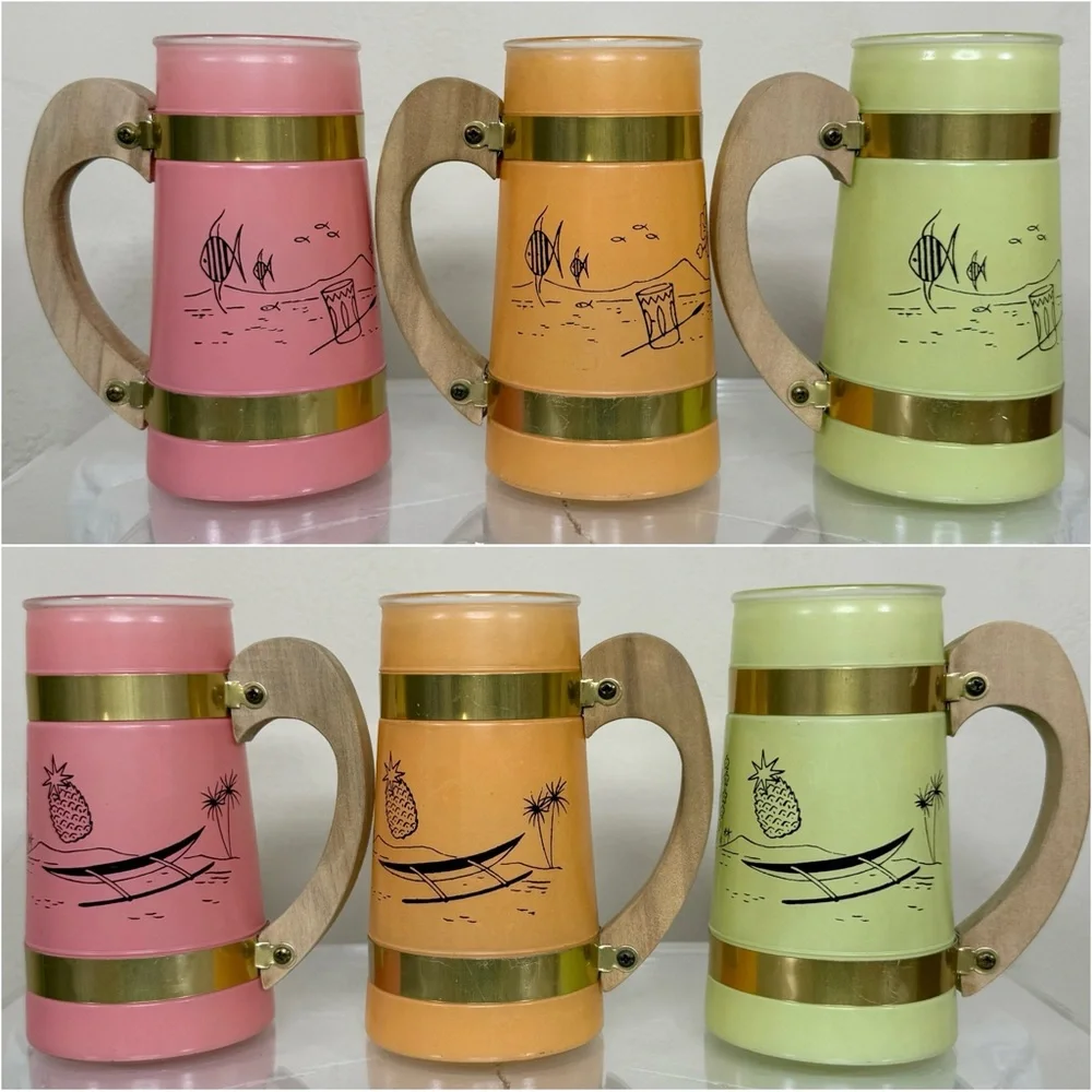 Vintage Siesta Ware Set of 6 Hawaiian Tiki Mugs & Wood Outrigger Canoe Carrier